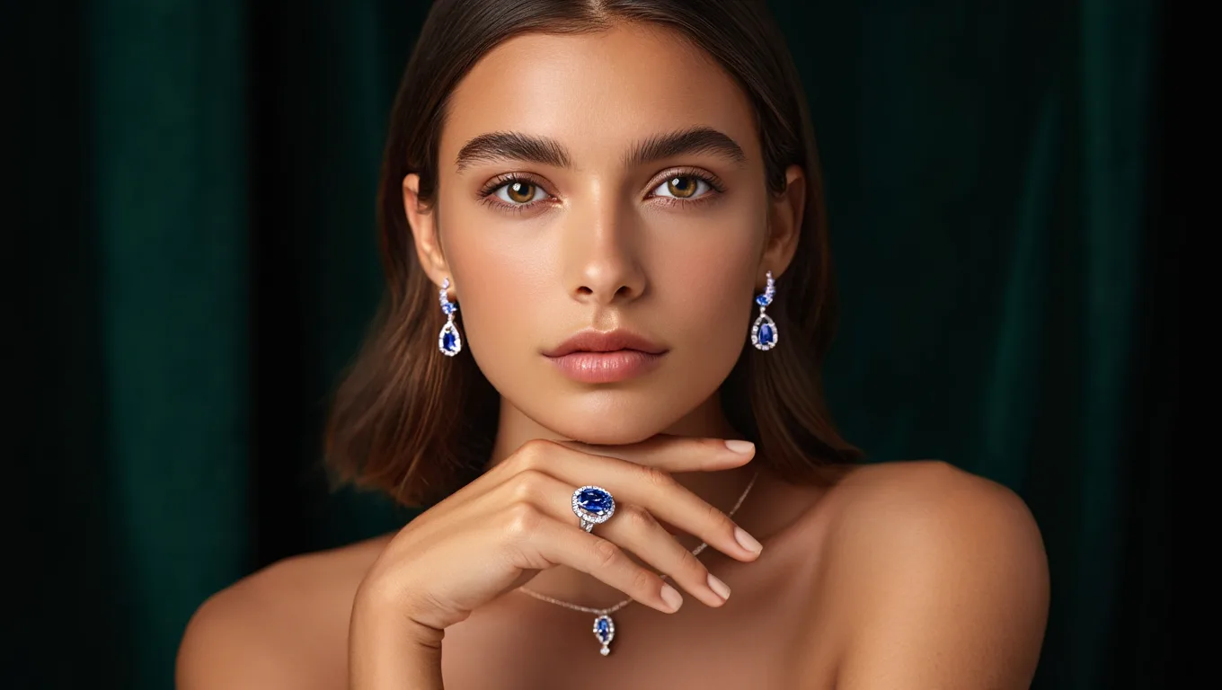 Model showcasing elegant blue gemstone jewelry.